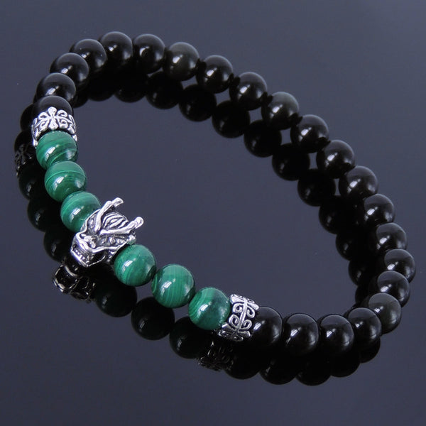 Handmade Men Women Gemstone Bracelet Black Obsidian Malachite 925 Sterling Silver Wolf & Spacer DiyNotion BR285