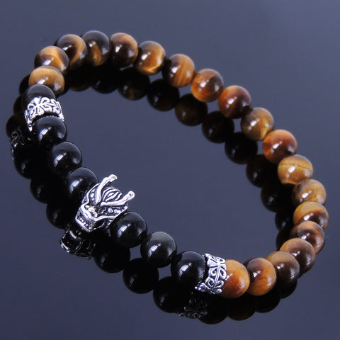 Handmade Men Women Gmestone Bracelet Black Obsidian Tiger Eye 925 Sterling Silver Wolf & Spacer DiyNotion BR286