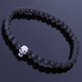 Men/Women Stretchable Bracelet 4mm Lava Stone Volcanic Rock 925 Sterling Silver Celtic Skull DIY-NOTION BR288E