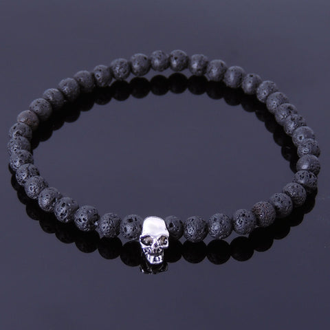 Men/Women Stretchable Bracelet 4mm Lava Stone Volcanic Rock 925 Sterling Silver Celtic Skull DIY-NOTION BR288E