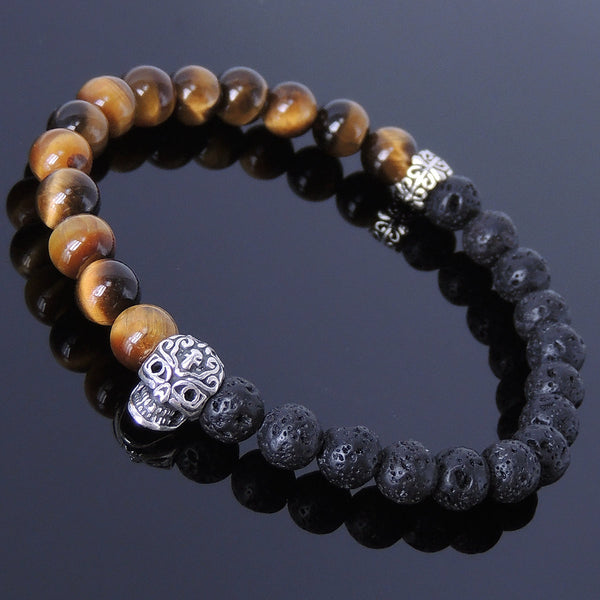 Men Women Tiger Eye Lava Rock Bracelet Handmade Gemstone 925 Sterling Silver Skull Celtic Bead DiyNotion BR290