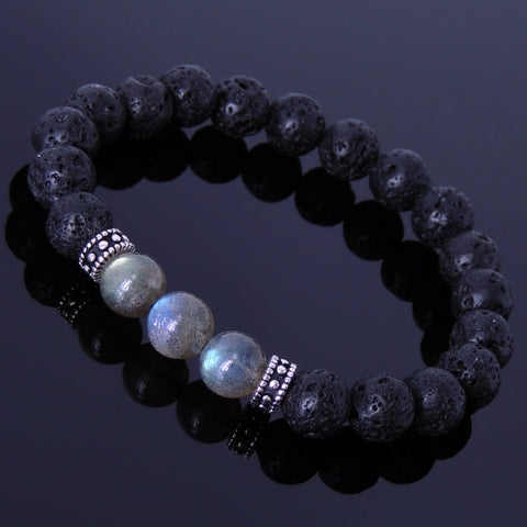 Men Women Labradorite Lava Rock Bracelet Handmade Gemstone 925 Sterling Silver Spacers DiyNotion BR292