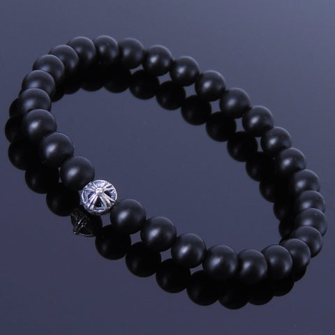 Men's Women Matte Black Onyx Bracelet Sterling Silver Cross Bead DiyNotion BR184