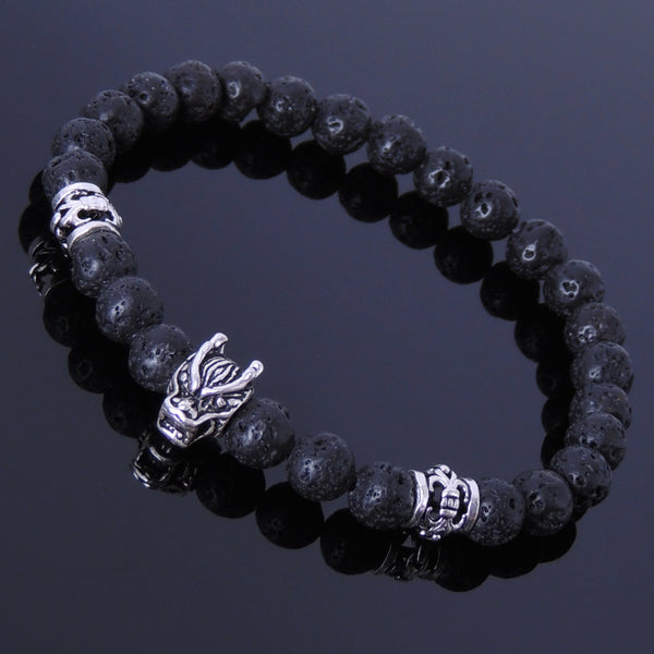 Handmade Men Women Gemstone Stretchable Bracelet Lava Rock Stone 925 Sterling Silver Wolf Celtic Spacer DiyNotion BR294