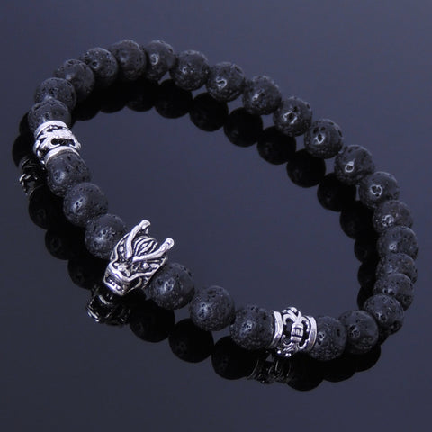 Handmade Men Women Gemstone Stretchable Bracelet Lava Rock Stone 925 Sterling Silver Wolf Celtic Spacer DiyNotion BR294