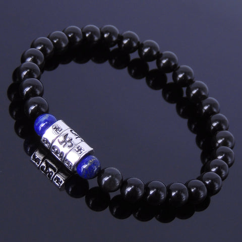 Men Women Lapis Black Obsidian Bracelet Gemstone 925 Sterling Silver Mantra Charm DiyNotion BR281