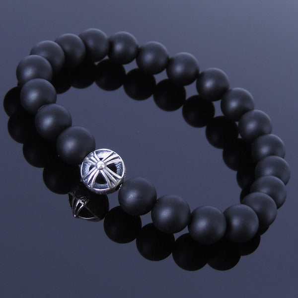 Matte Black Onyx Sterling Silver Bracelet Gemstone 925 Cross Bead for Men Women DiyNotion Handmade BR295