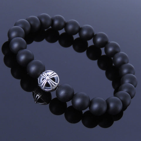 Matte Black Onyx Sterling Silver Bracelet Gemstone 925 Cross Bead for Men Women DiyNotion Handmade BR295