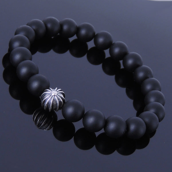 Men's Women Matte Black Onyx Sterling Silver Bracelet 925 Cross Bead DiyNotion Handmade BR296