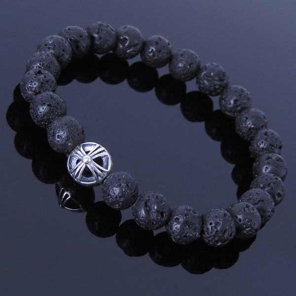 Men's Women Lava Rock Sterling Silver Bracelet 925 Cross Bead DiyNotion Handmade BR297