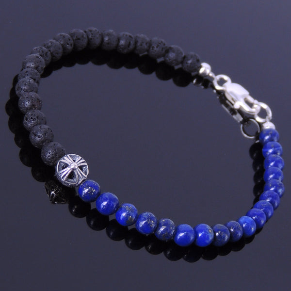 Men's Women Lapis Sterling Silver Bracelet 925 Cross Bead & Clasp DiyNotion Handmade BR301