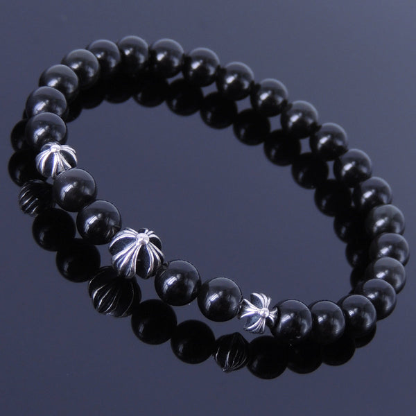 Men Women Black Obsidian Bracelet Gemstone 925 Sterling Silver Celtic Cross Beads DiyNotion BR306