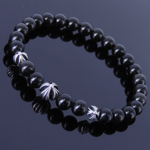 Men Women Black Obsidian Bracelet Gemstone 925 Sterling Silver Celtic Cross Beads DiyNotion BR306