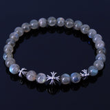 Men/Women Stretchable Bracelet 6mm Labradorite Gemstone S925 Sterling Silver Cross Beads DiyNotion BR307