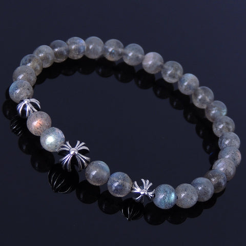 Men/Women Stretchable Bracelet 6mm Labradorite Gemstone S925 Sterling Silver Cross Beads DiyNotion BR307