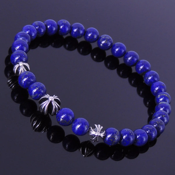 Men Women Lapis Bracelet Gemstone 925 Sterling Silver Cross Bead DiyNotion BR308