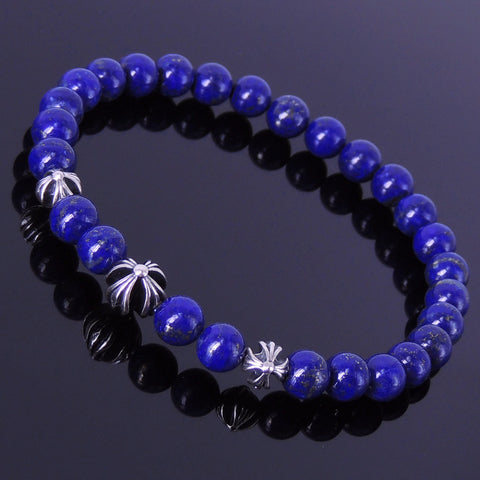 Men Women Lapis Bracelet Gemstone 925 Sterling Silver Cross Bead DiyNotion BR308