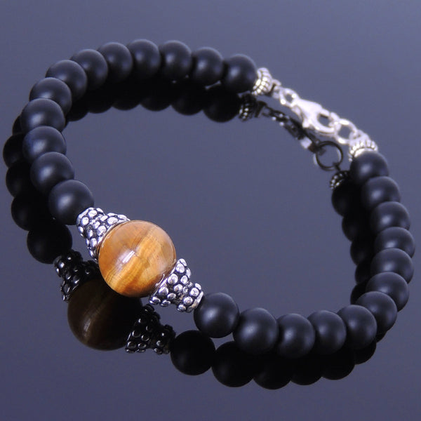 Men's Women Matte Black Onyx Tiger Eye Sterling Silver Bracelet 925 Clasp Bead Caps DiyNotion Handmade BR169