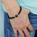 Men's Women Matte Black Onyx Red Tiger Eye Sterling Silver Bracelet 925 Clasp Bead Caps DiyNotion Handmade BR170