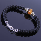 Men's Women Matte Black Onyx Tiger Eye Sterling Silver Bracelet 925 Clasp Bead Caps DiyNotion Handmade BR169
