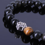 Men's Women Black Obsidian Tiger Eye Bracelet  Sterling Silver Chinese Lucky Knot DiyNotion BR195