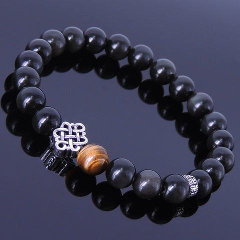 Men's Women Black Obsidian Tiger Eye Bracelet  Sterling Silver Chinese Lucky Knot DiyNotion BR195
