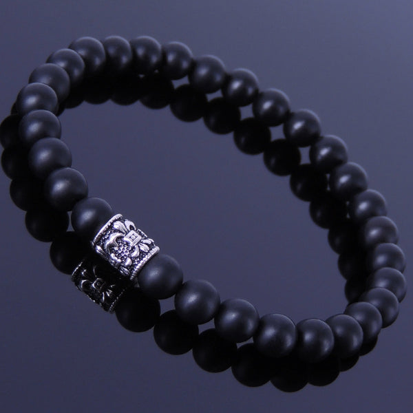 Men Women Matte Black Onyx Sterling Silver Bracelet 925 Fleur de Lis Bead DiyNotion Handmade BR143E