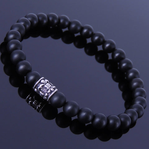 Men Women Matte Black Onyx Sterling Silver Bracelet 925 Fleur de Lis Bead DiyNotion Handmade BR143E