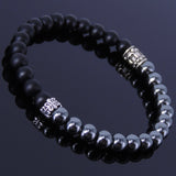 Men's Women Matte Black Onyx Hematite Sterling Silver Bracelet 925 Fleur de Lis Bead DiyNotion BR141E