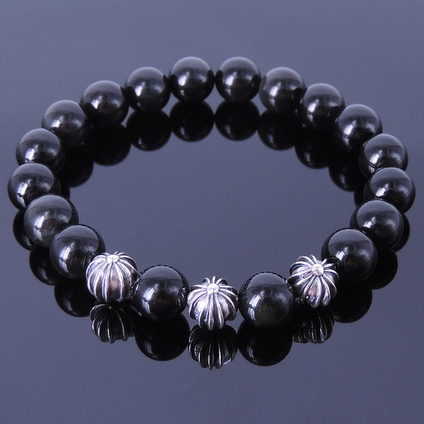 Men Women Black Obsidian Bracelet Healing Gemstone S925 Sterling Silver Cross Beads DiyNotion BR179