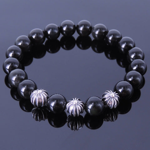Men Women Black Obsidian Bracelet Healing Gemstone S925 Sterling Silver Cross Beads DiyNotion BR179