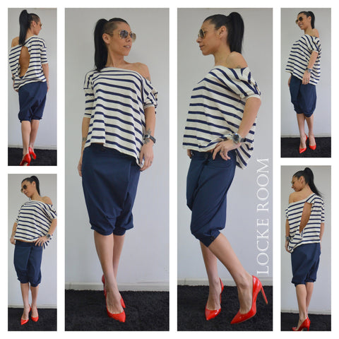 Capri Pants/Loose Blue Trousers/Loose casual pants/Drop crotch pants /Cotton Pants