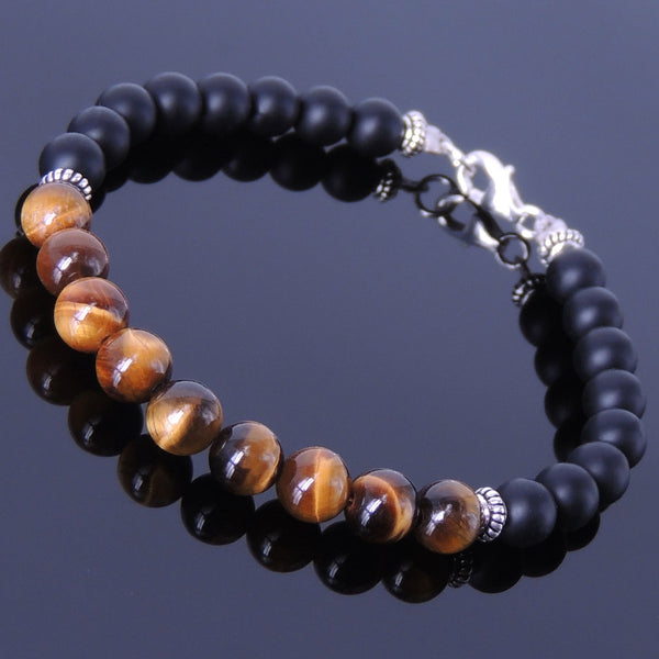 Men's Women Matte Black Onyx Tiger Eye Sterling Silver Bracelet 925 Spacers Clasp DiyNotion BR154