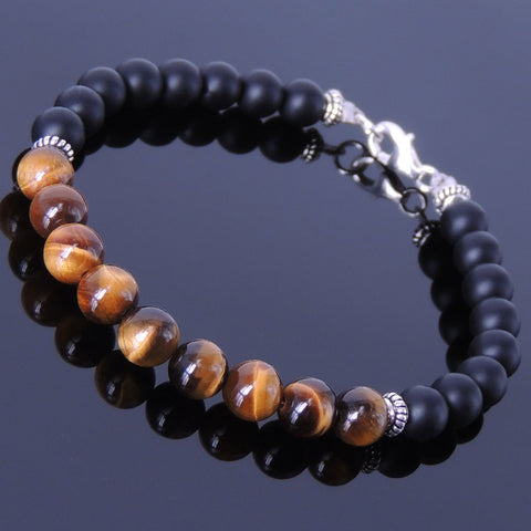 Men's Women Matte Black Onyx Tiger Eye Sterling Silver Bracelet 925 Spacers Clasp DiyNotion BR154