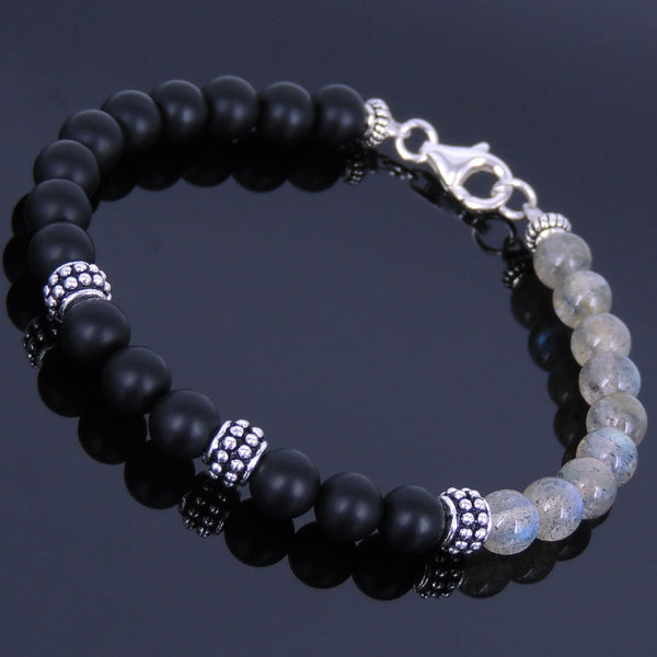 Men's Women Matte Black Onyx Labradorite Sterling Silver Bracelet 925 Bead Clasp Gemstone DiyNotion Handmade BR145