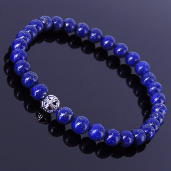 Men's Women Lapis Sterling Silver Bracelet 925 Cross Bead Gemstone DiyNotion Handmade BR312