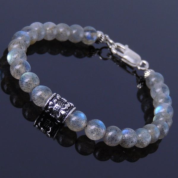 Men's Women Labradorite Sterling Silver Bracelet 925 Fleur de Lis Bead Clasp Gemstone DiyNotion Handmade BR313