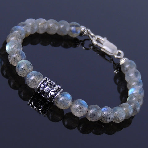 Men's Women Labradorite Sterling Silver Bracelet 925 Fleur de Lis Bead Clasp Gemstone DiyNotion Handmade BR313