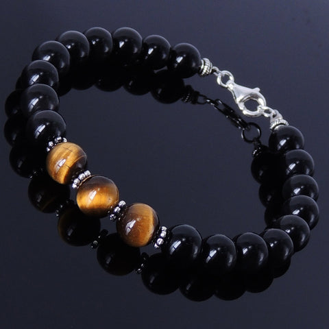 Handmade Men Women Gemstone Bracelet Black Obsidian Tiger Eye 925 Sterling Silver Spacer Clasp DiyNotion BR119