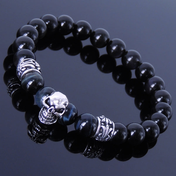 Men/Women Stretchable Gemstone Bracelet Black Obsidian Blue Tiger Eye S925 Sterling Silver Celtic Charm Skull DiyNotion BR254
