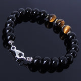 Handmade Men Women Gemstone Bracelet Black Obsidian Tiger Eye 925 Sterling Silver Spacer Clasp DiyNotion BR119