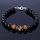 Handmade Men Women Gemstone Bracelet Black Obsidian Tiger Eye 925 Sterling Silver Spacer Clasp DiyNotion BR119
