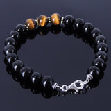 Handmade Men Women Gemstone Bracelet Black Obsidian Tiger Eye 925 Sterling Silver Spacer Clasp DiyNotion BR119