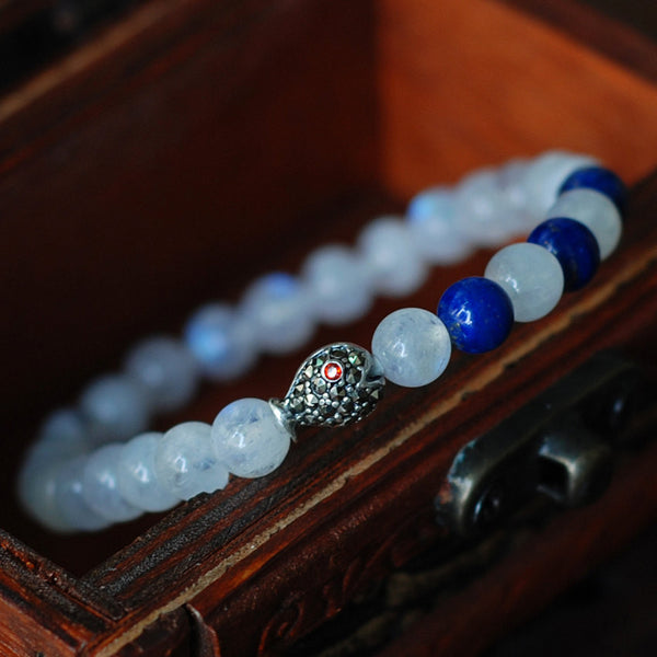 Women's Moonstone Lapis Sterling Silver Bracelet 925 Marcasite Fish DiyNotion Handmade BR002