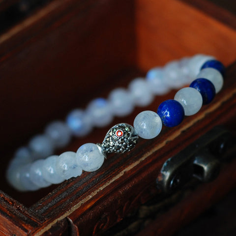 Women's Moonstone Lapis Sterling Silver Bracelet 925 Marcasite Fish DiyNotion Handmade BR002