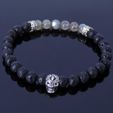 Men's Women Lava Rock Tiger Eye Sterling Silver Skull Bracelet 925 Spacers Gemstone DiyNotion Handmade BR315