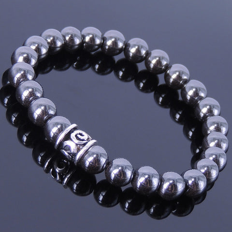 Men/Women Stretchable Gemstone Bracelet Hematite Round Beads & S925 Sterling Silver Charm DiyNotion BR142E