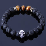 Men's Women Lava Rock Tiger Eye Sterling Silver Skull Bracelet 925 Spacers Gemstone DiyNotion Handmade BR318