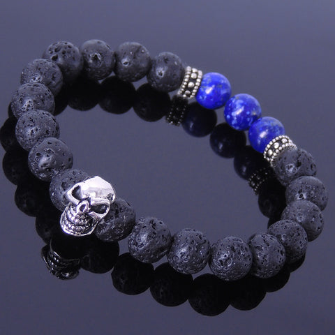 Men's Women Lava Rock Lapis Sterling Silver Skull Bracelet 925 Spacers Gemstone DiyNotion Handmade BR316