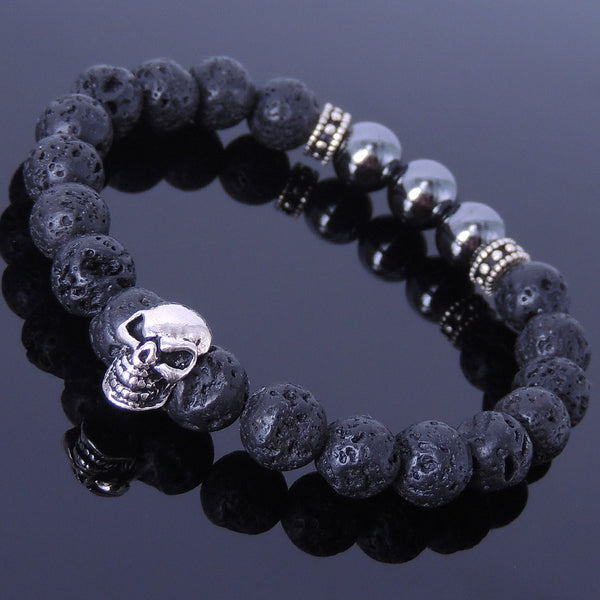 Men's Women Lava Rock Hematite Sterling Silver Skull Bracelet 925 Spacers Gemstone DiyNotion Handmade BR317